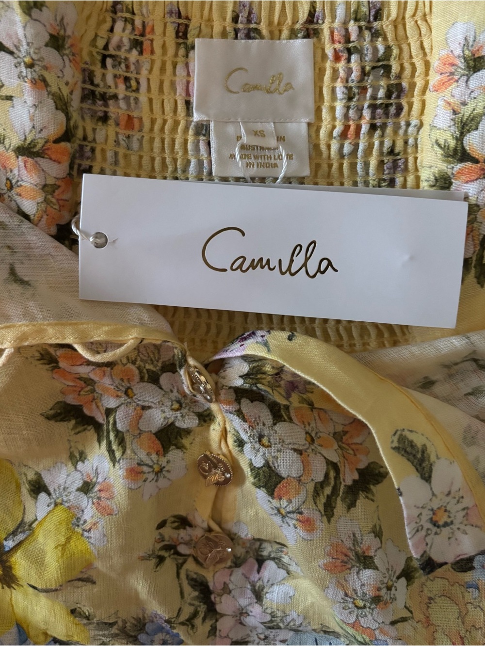 Camilla Designer Darling Buds Halter Romper Yellow and Floral 100% Linen Size XS - Picture 7 of 10